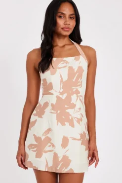 Quiz Cream Floral Halter Neck Dress Sale