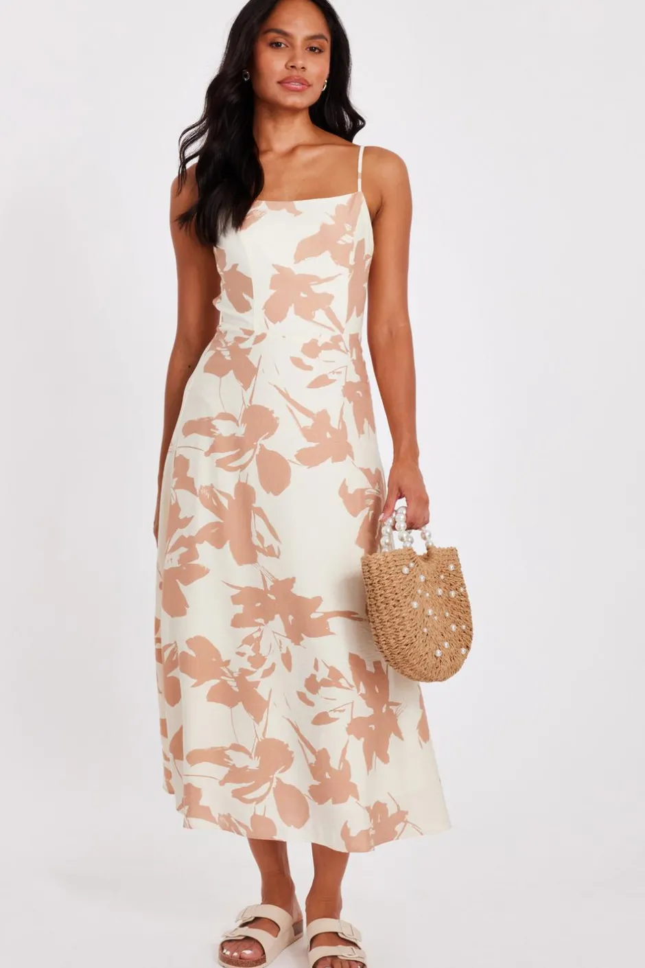 Quiz Cream Floral Print Midi Dress Sale