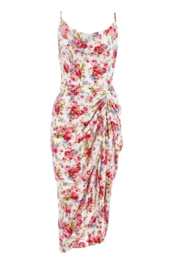 Quiz Cream Floral Satin Ruched Midi Dress