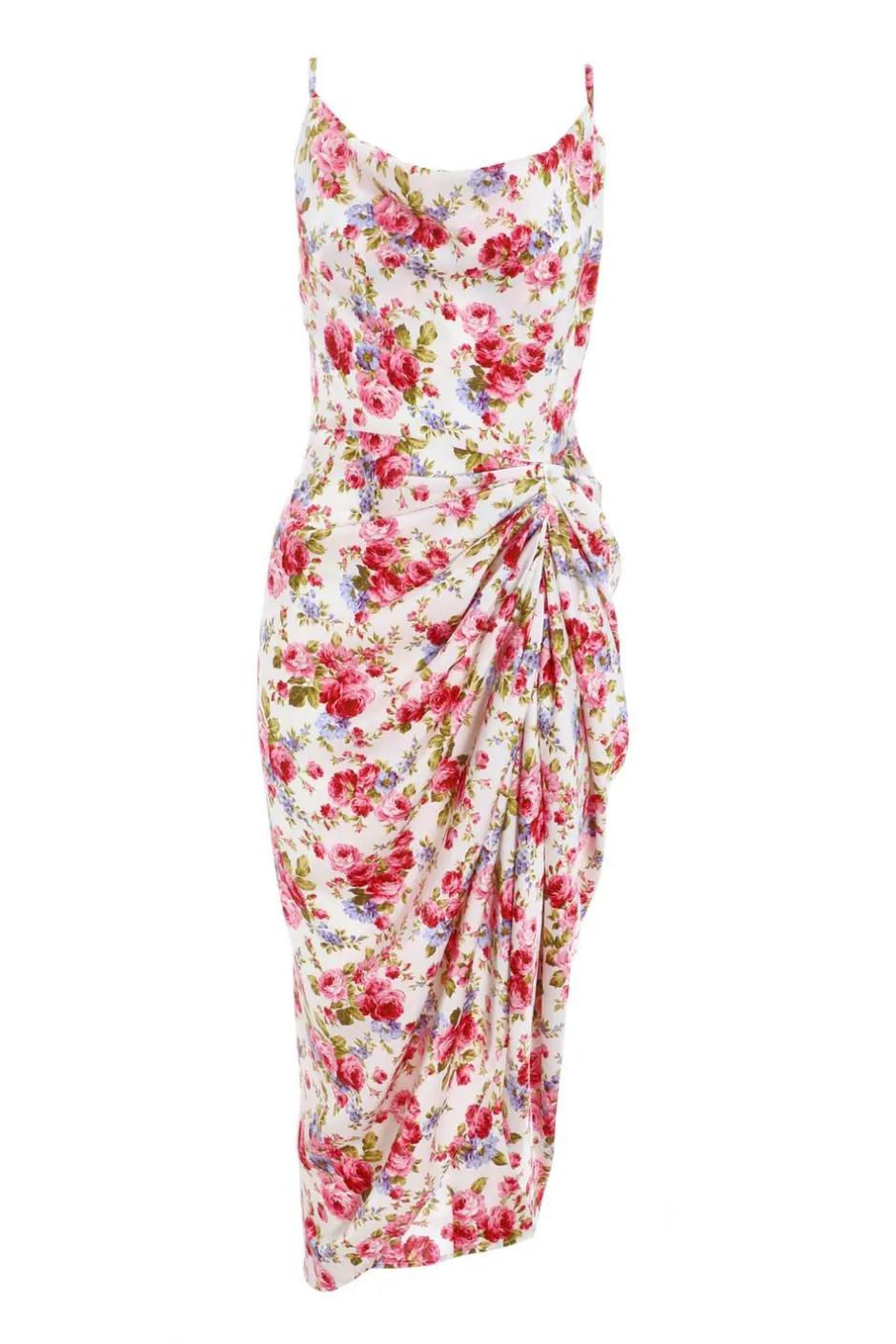 Quiz Cream Floral Satin Ruched Midi Dress