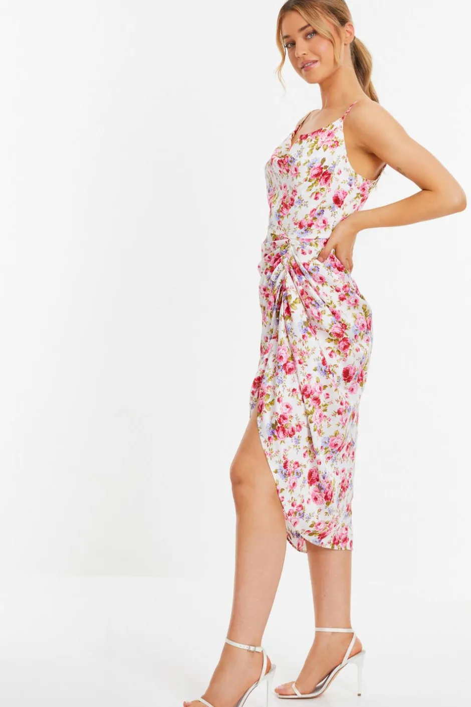 Quiz Cream Floral Satin Ruched Midi Dress