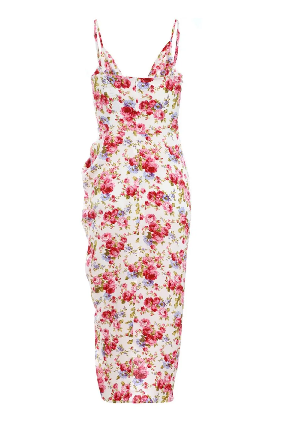 Quiz Cream Floral Satin Ruched Midi Dress