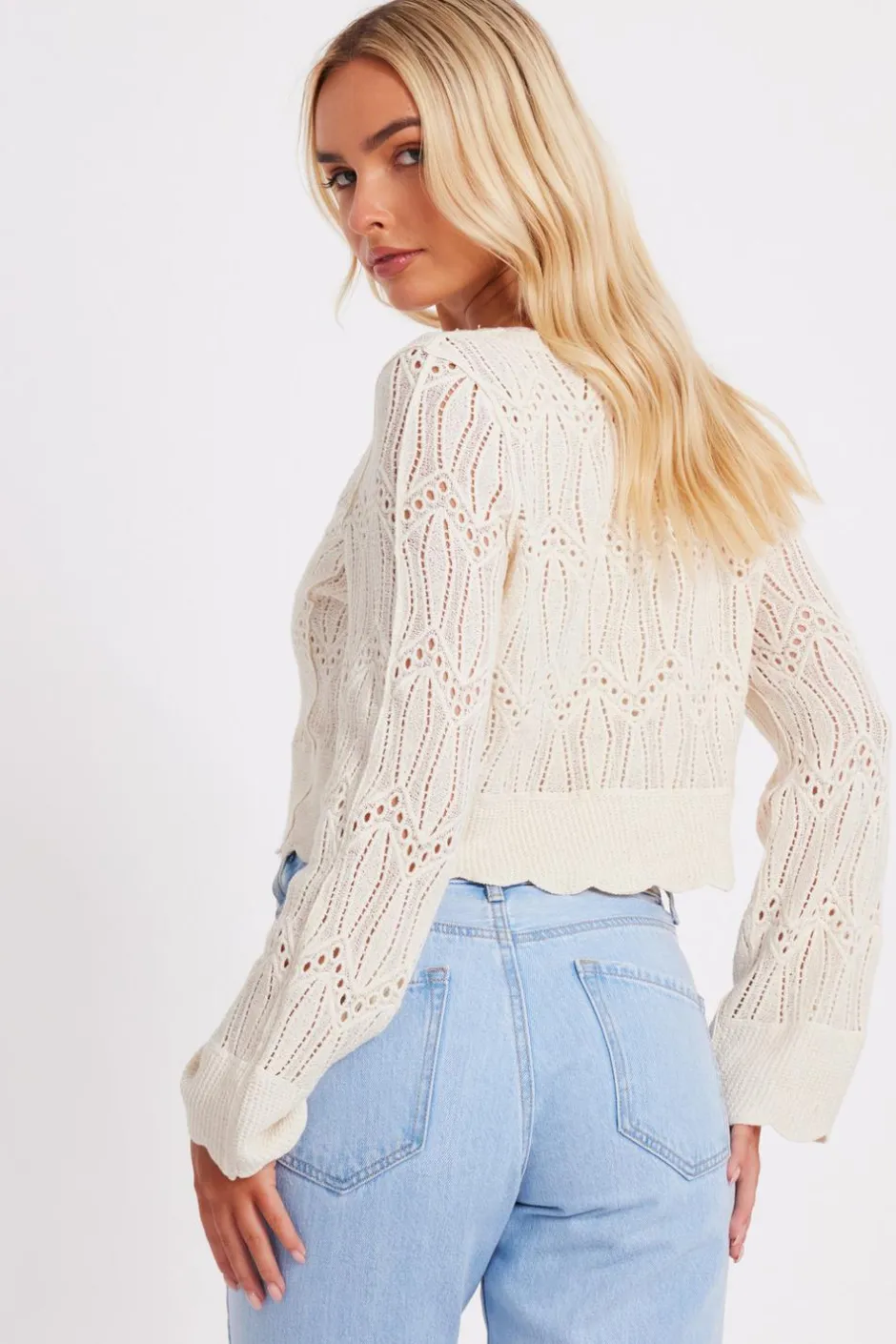 Quiz Knit Cropped Cardigan Cream Outlet