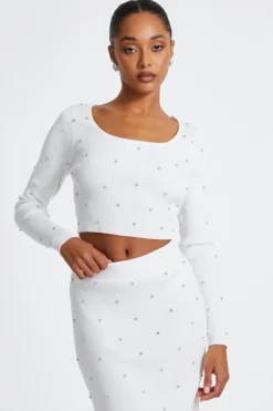 Quiz Cream Knit Diamante Cropped Jumper Discount