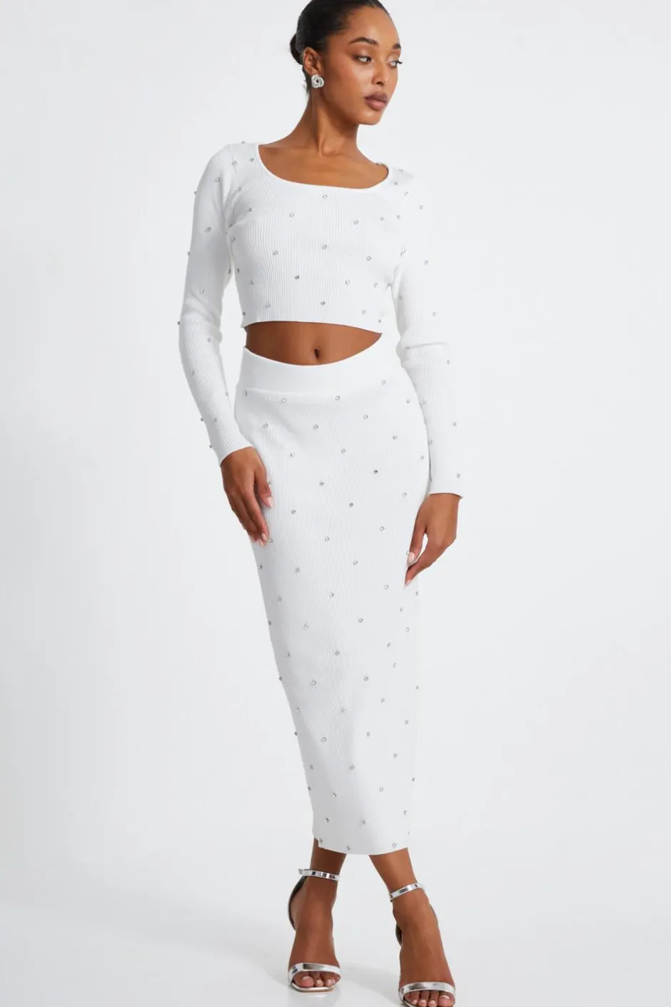Quiz Cream Knit Diamante Midi Skirt Outlet