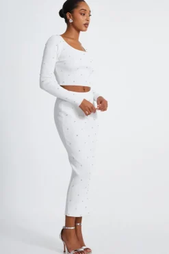 Quiz Cream Knit Diamante Midi Skirt Outlet