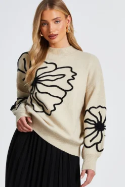 Quiz Cream Knit Floral Jumper