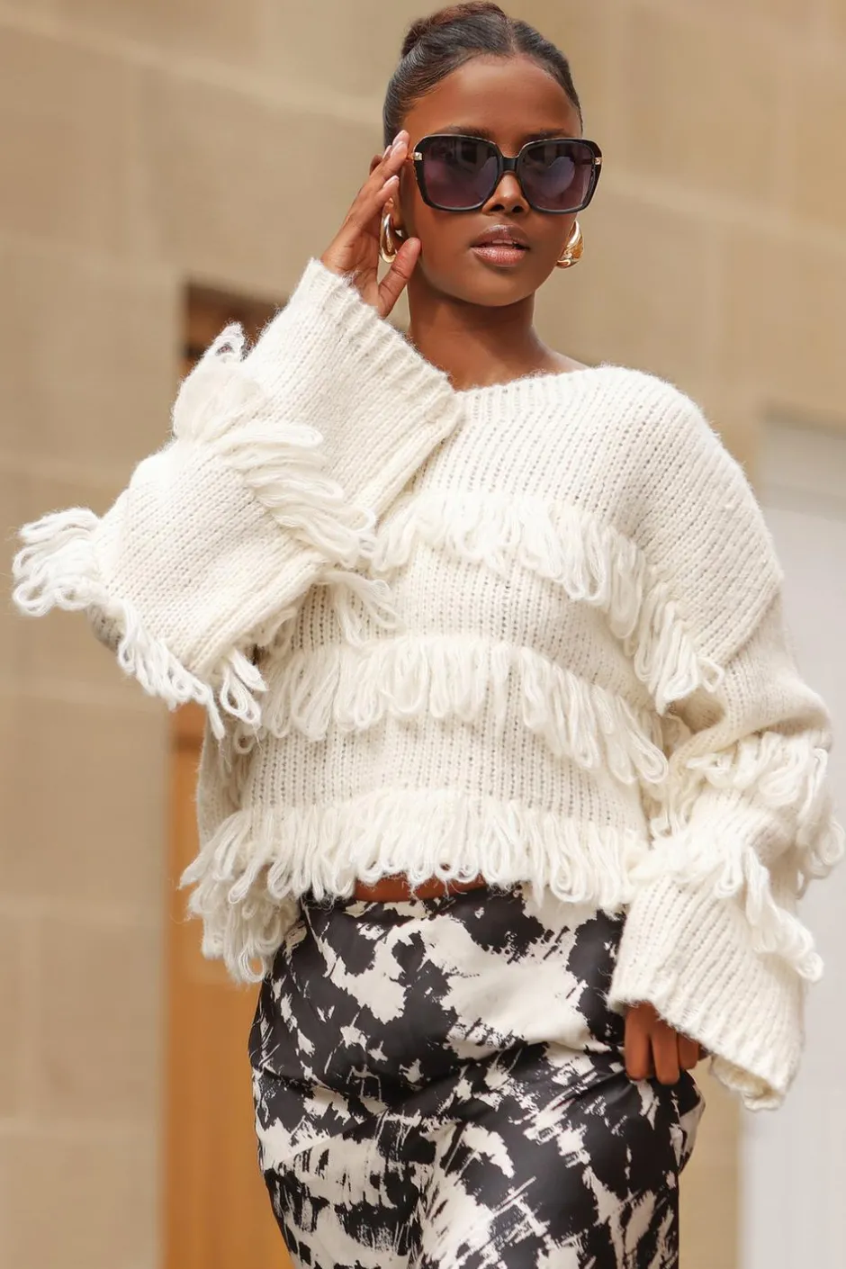 Quiz Cream Knit Fringe Detail Jumper Discount