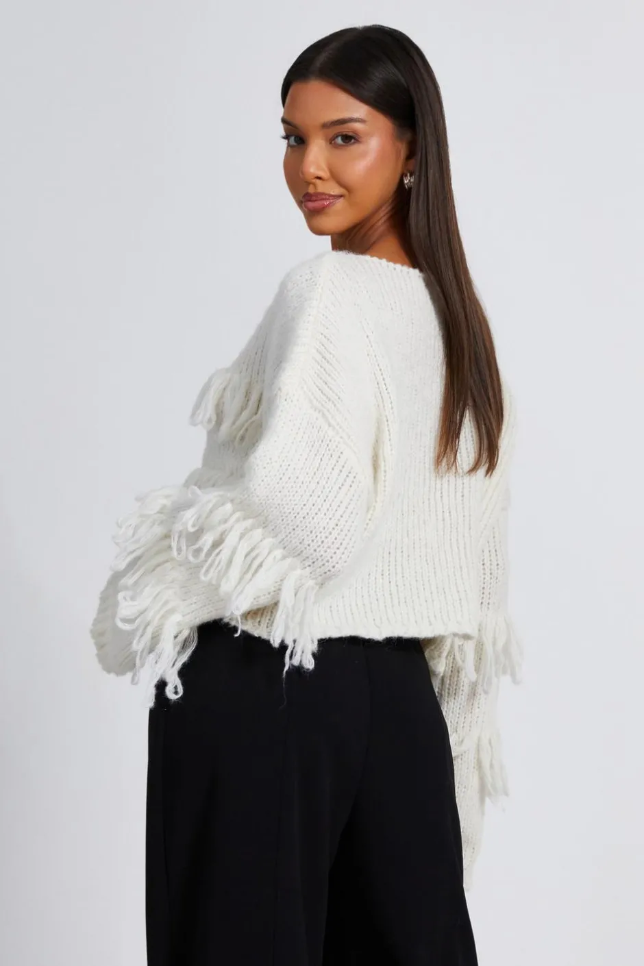 Quiz Cream Knit Fringe Detail Jumper Discount