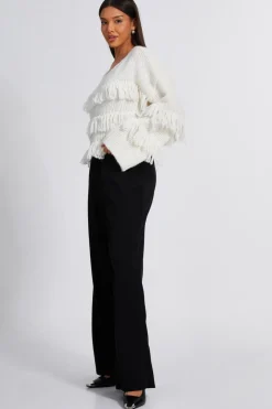 Quiz Cream Knit Fringe Detail Jumper Discount