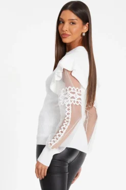 Quiz Knit Mesh Sleeve Jumper Cream Clearance