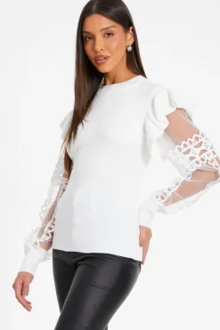 Quiz Knit Mesh Sleeve Jumper Cream Clearance