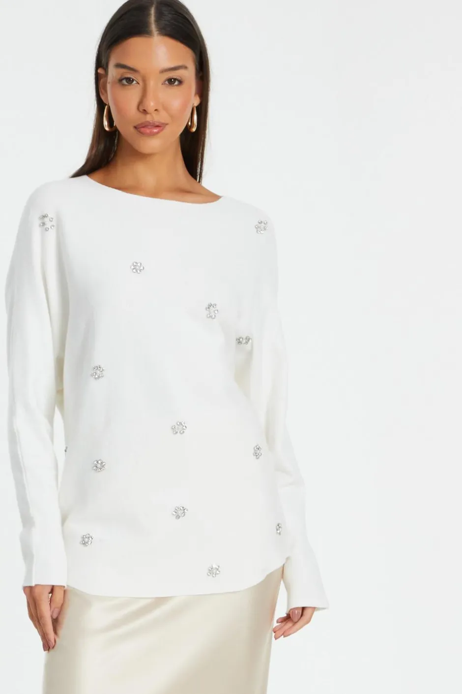 Quiz Cream Knitted Beaded Batwing Jumper New