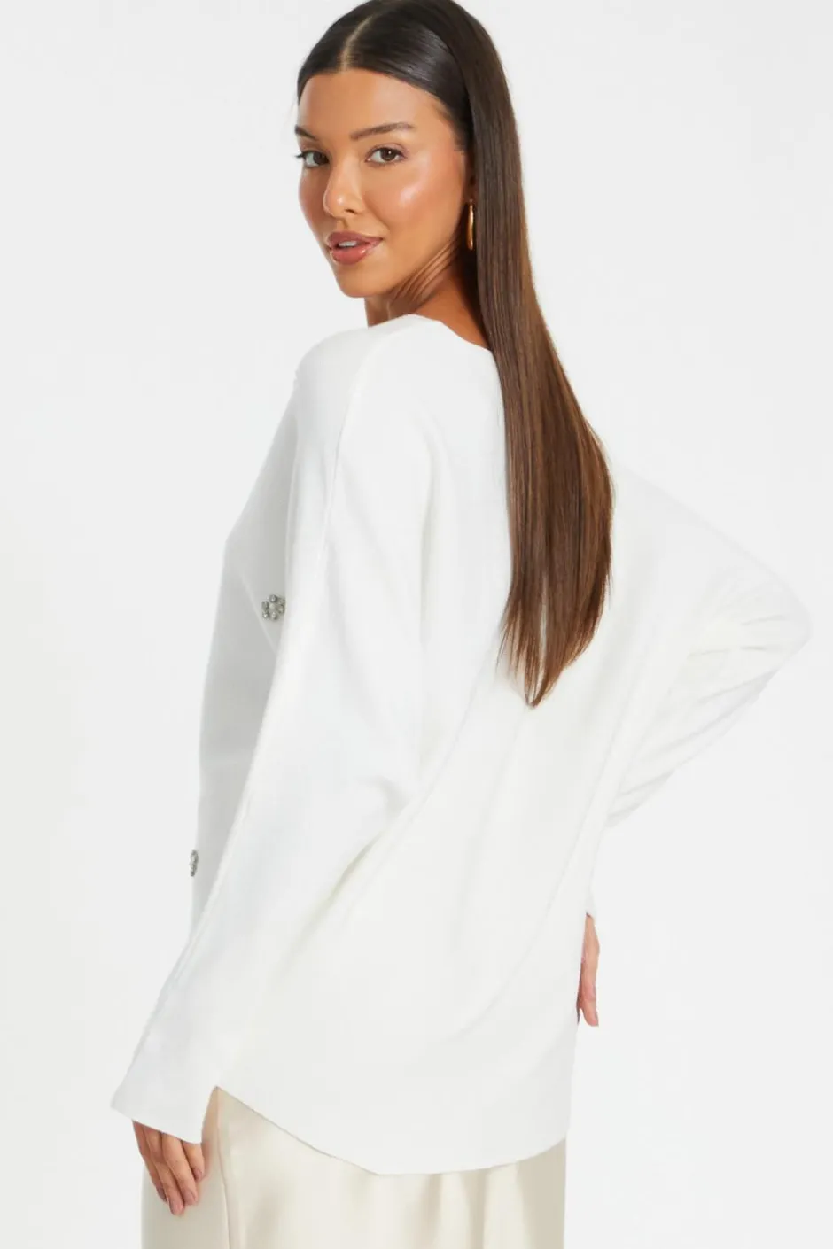 Quiz Cream Knitted Beaded Batwing Jumper New