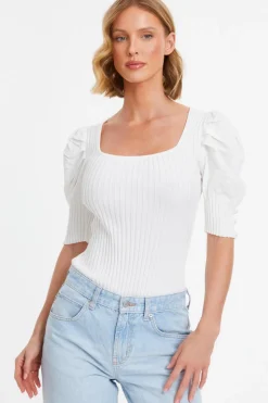 Quiz Knitted Puff Sleeve Bodysuit Cream Sale