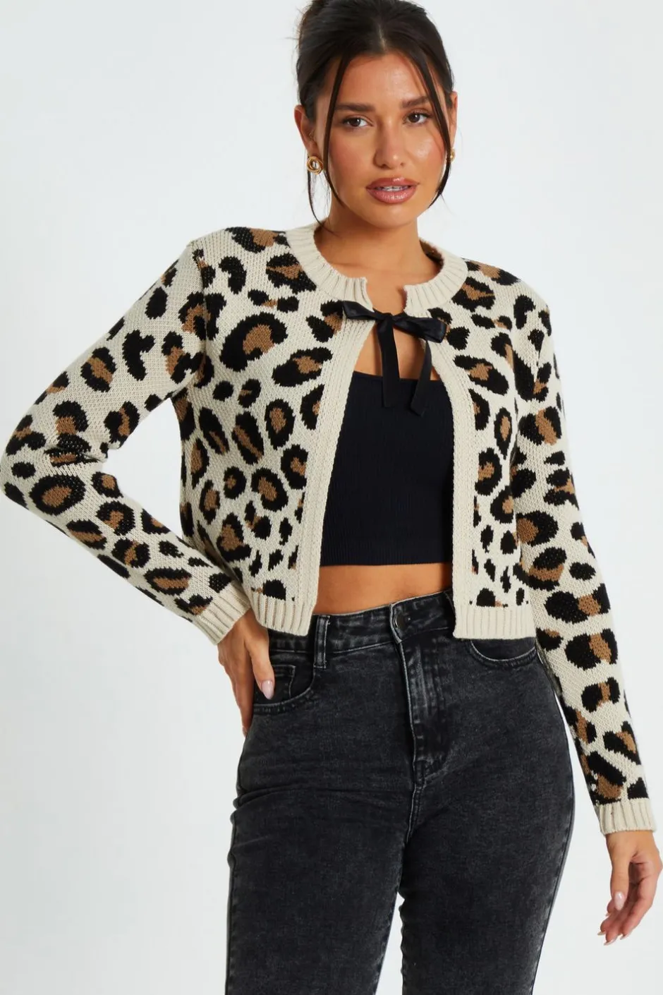 Quiz Cream Leopard Print Knit Cardigan Clearance