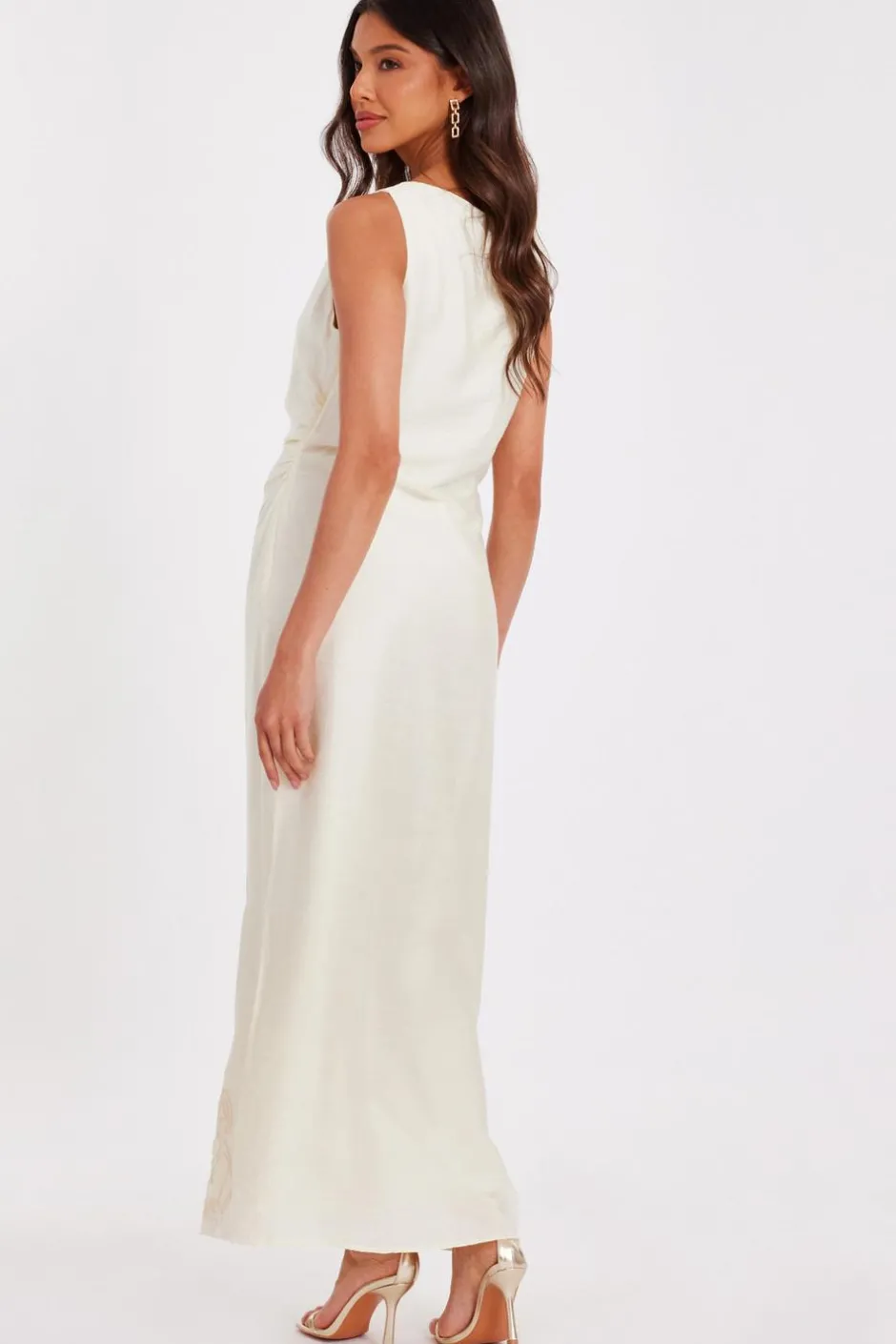 Quiz Cream Linen Embroidered Midaxi Dress Outlet