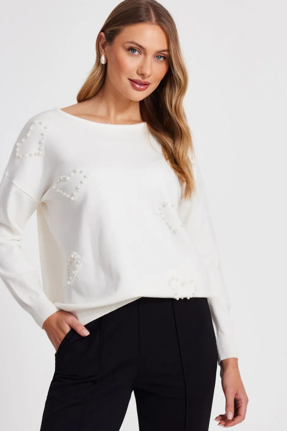 Quiz Cream Pearl Embellished Jumper
