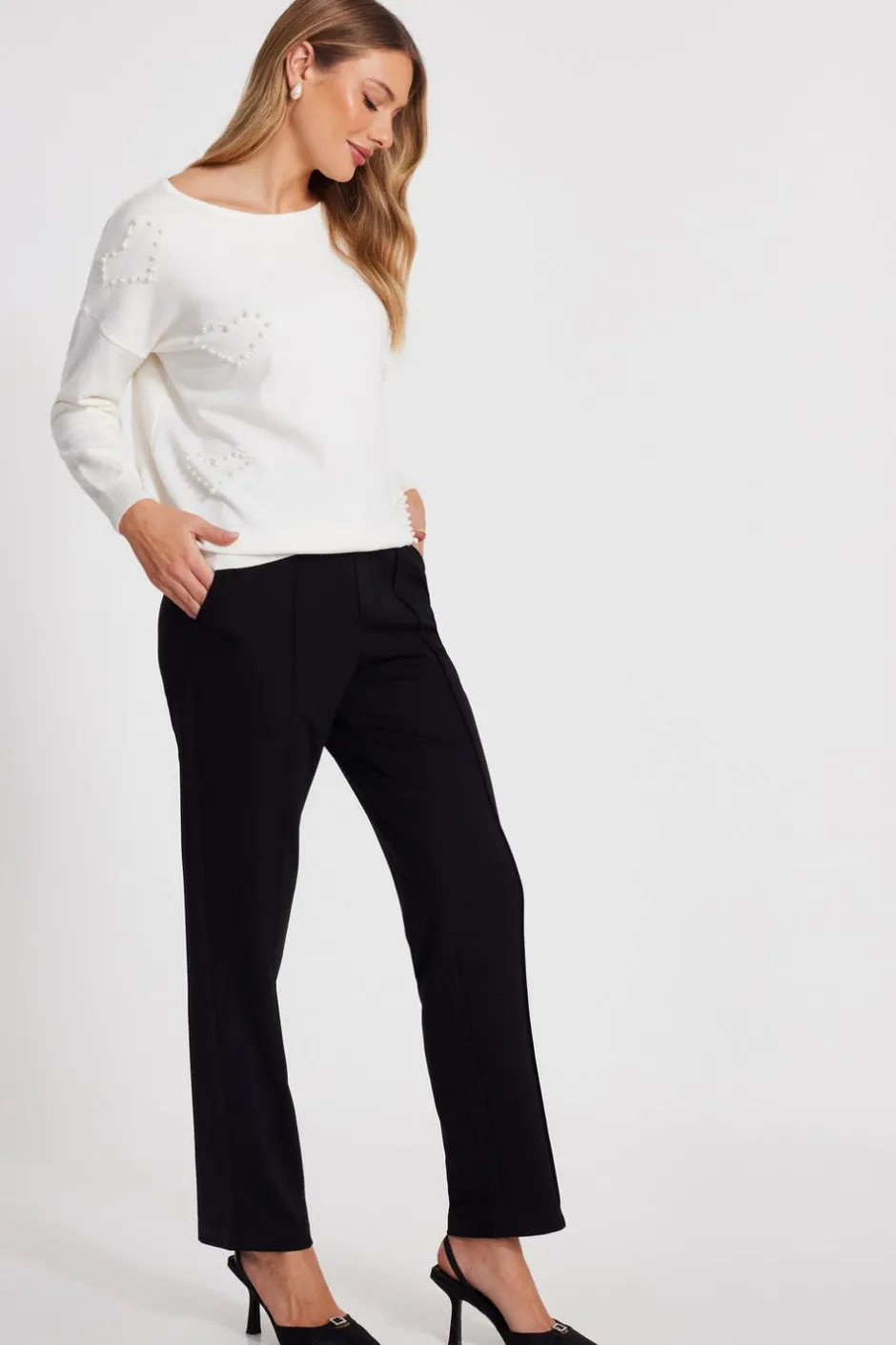 Quiz Cream Pearl Embellished Jumper