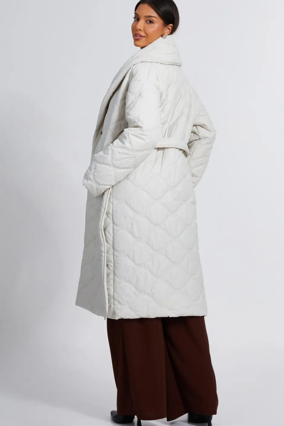 Quiz Quilted Long Line Coat Cream Best