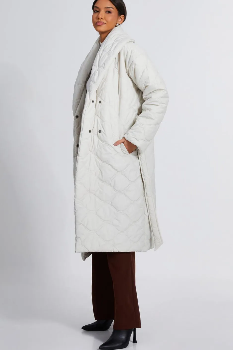 Quiz Quilted Long Line Coat Cream Best