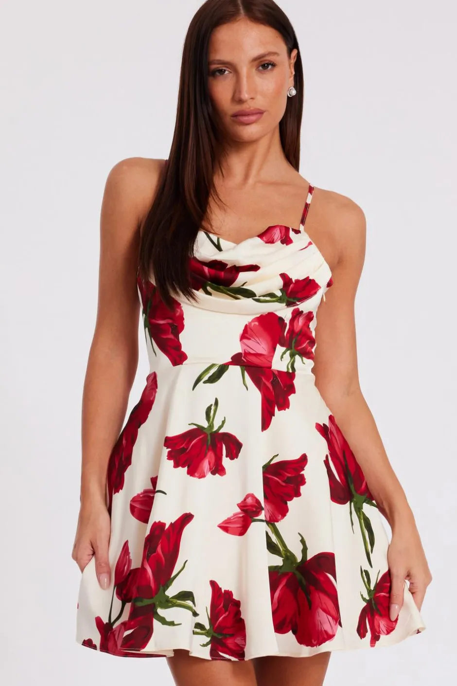 Quiz Cream Satin Rose Print Mini Dress Outlet