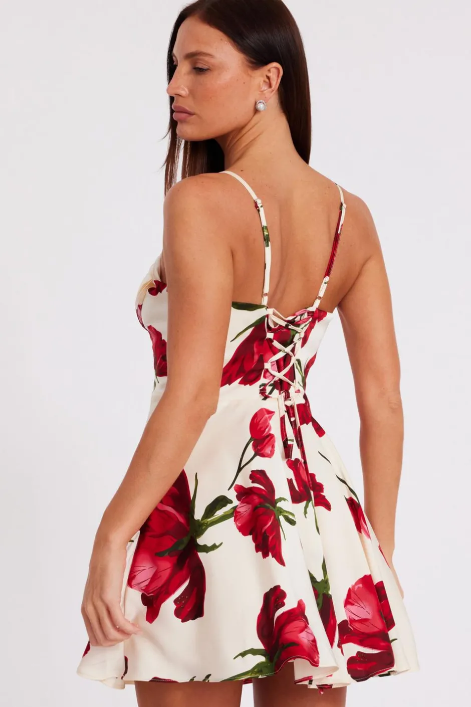 Quiz Cream Satin Rose Print Mini Dress Outlet