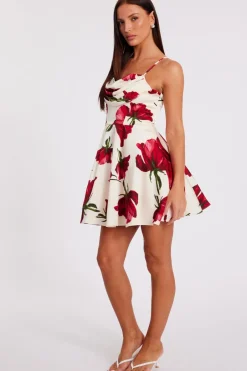 Quiz Cream Satin Rose Print Mini Dress Outlet