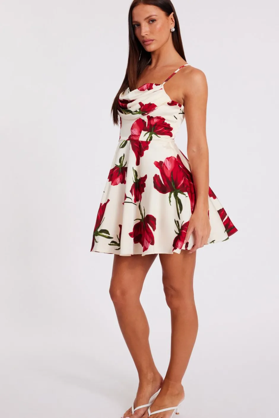 Quiz Cream Satin Rose Print Mini Dress Outlet