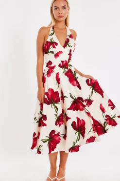 Quiz Cream Satin Rose Print Midi Dress Clearance