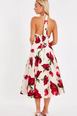 Quiz Cream Satin Rose Print Midi Dress Clearance