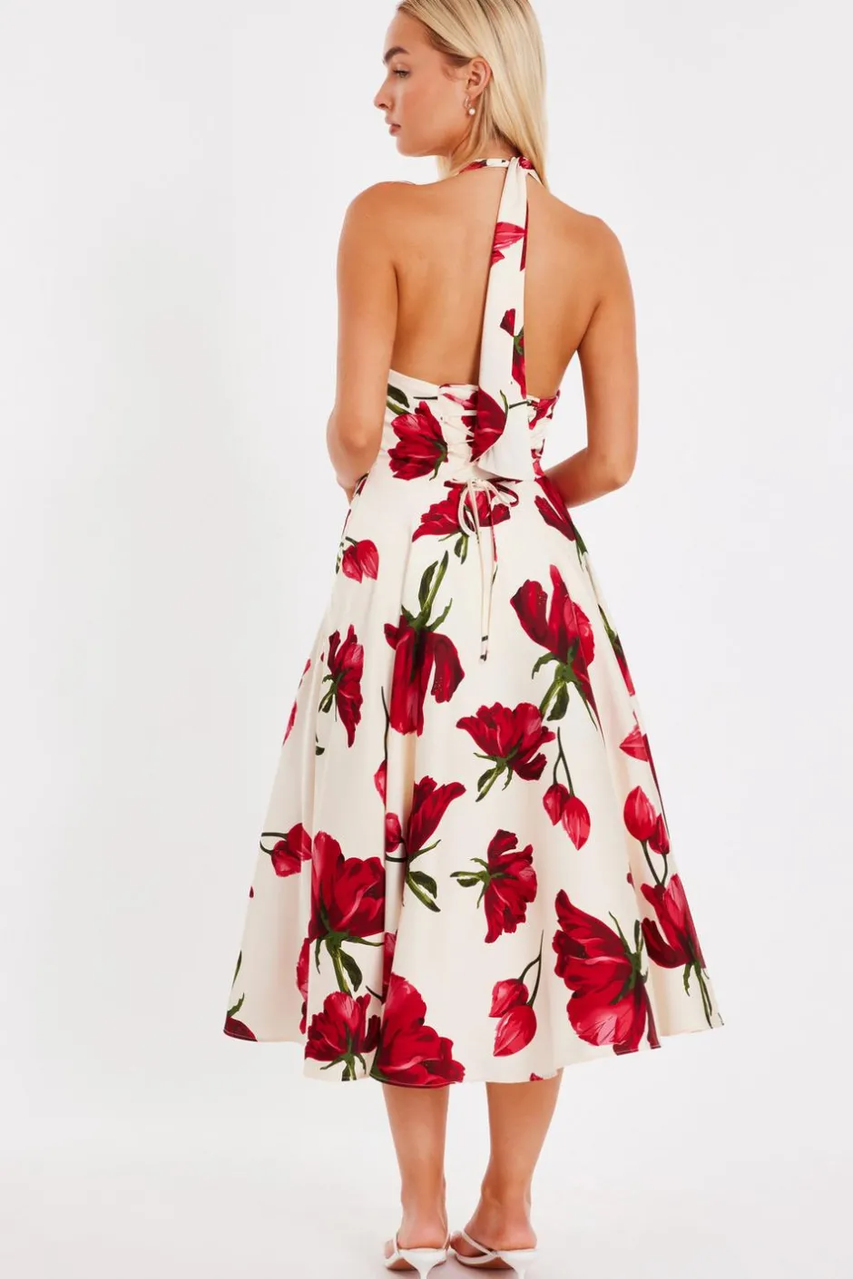 Quiz Cream Satin Rose Print Midi Dress Clearance