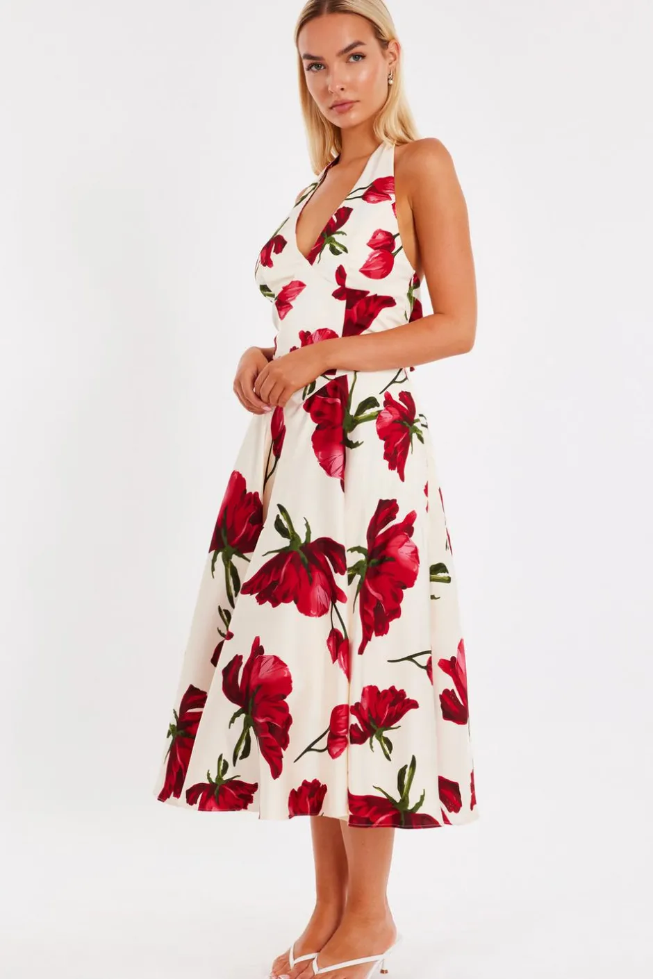 Quiz Cream Satin Rose Print Midi Dress Clearance
