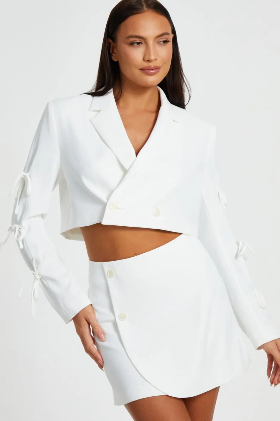 Quiz Tie Sleeve Cropped Blazer Cream New
