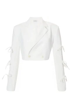 Quiz Tie Sleeve Cropped Blazer Cream New