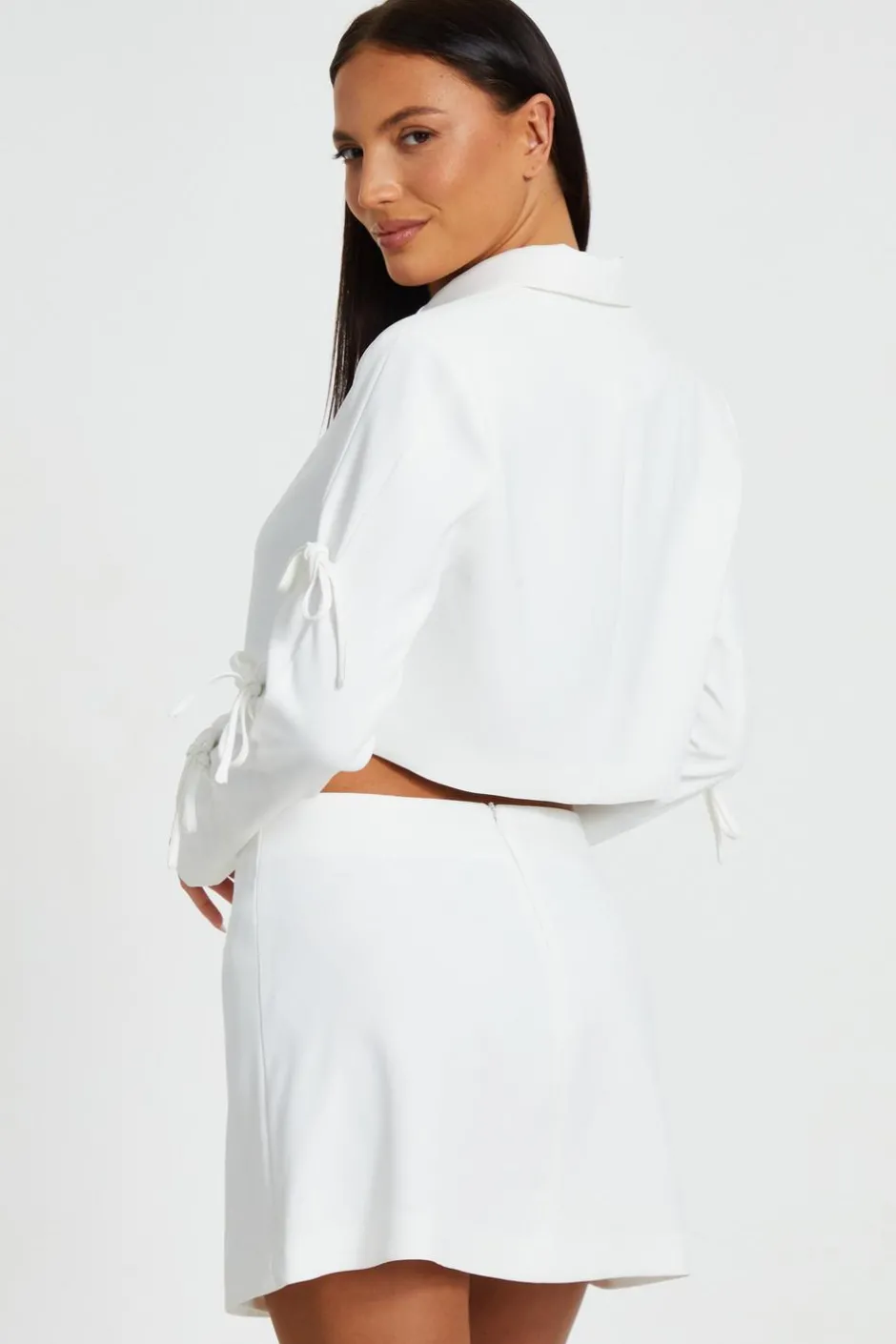 Quiz Tie Sleeve Cropped Blazer Cream New