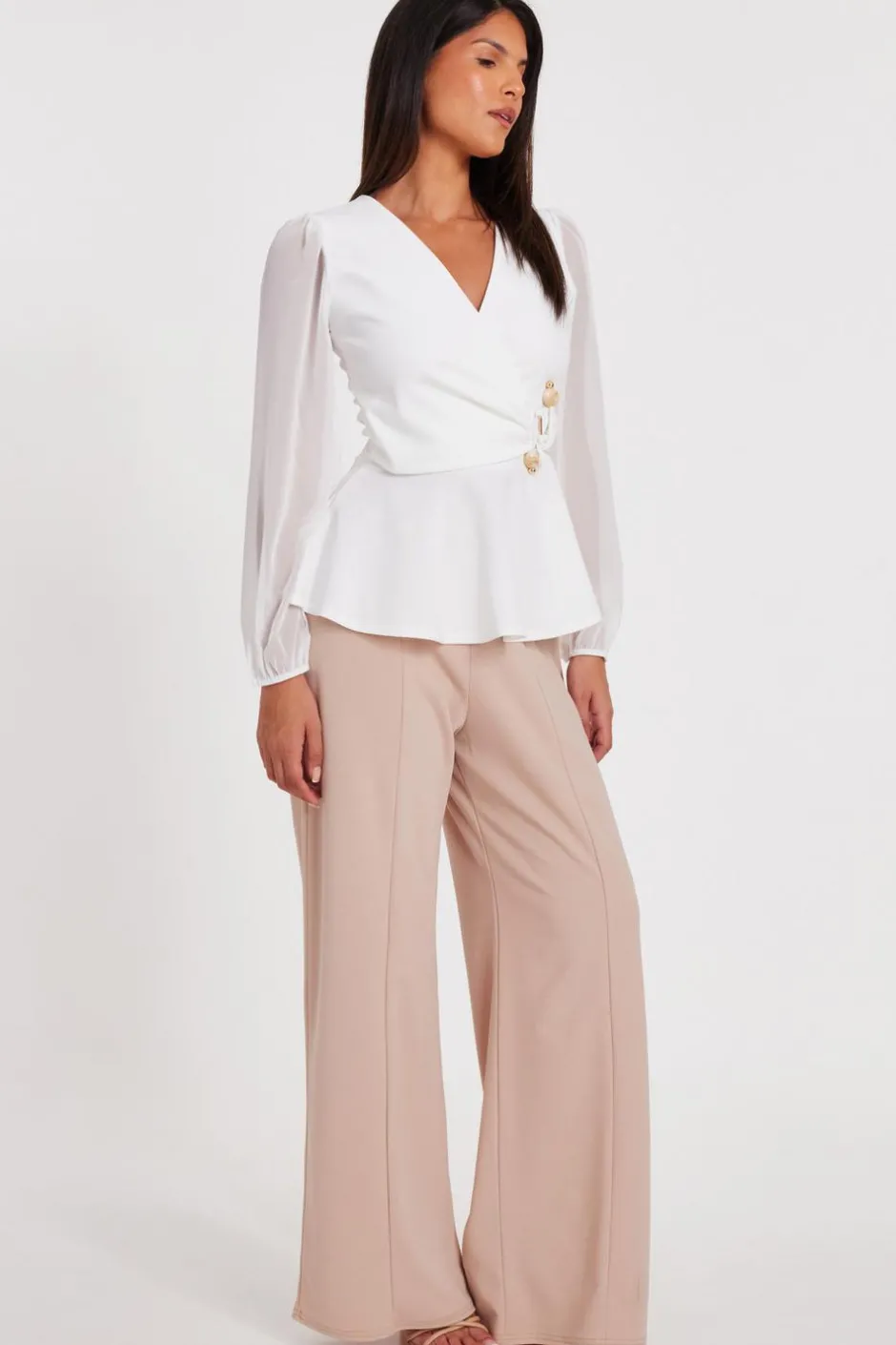 Quiz Cream Wrap Front Buckle Top Hot