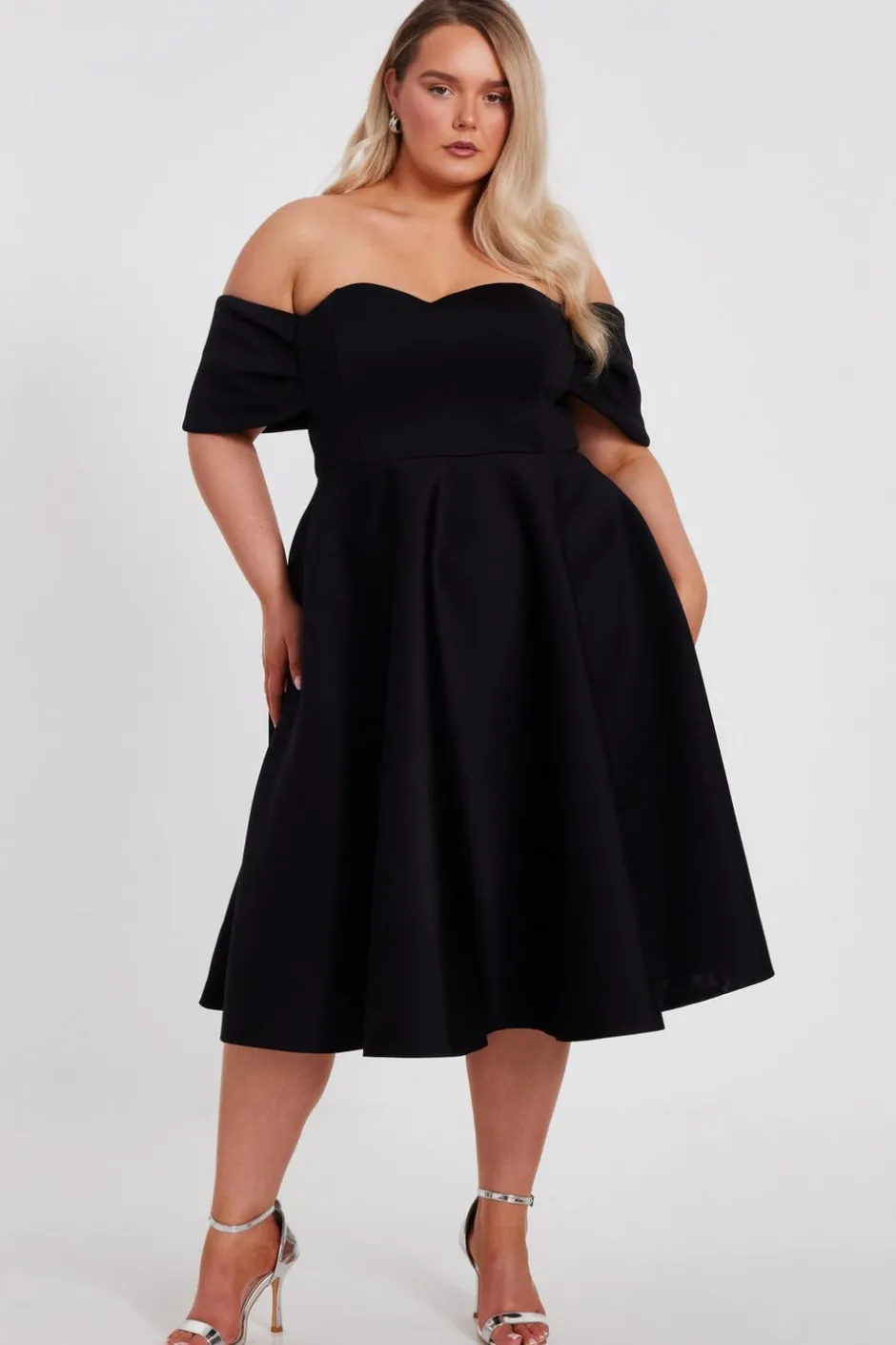 Quiz Curve Black Bardot Midi Skater Dress New