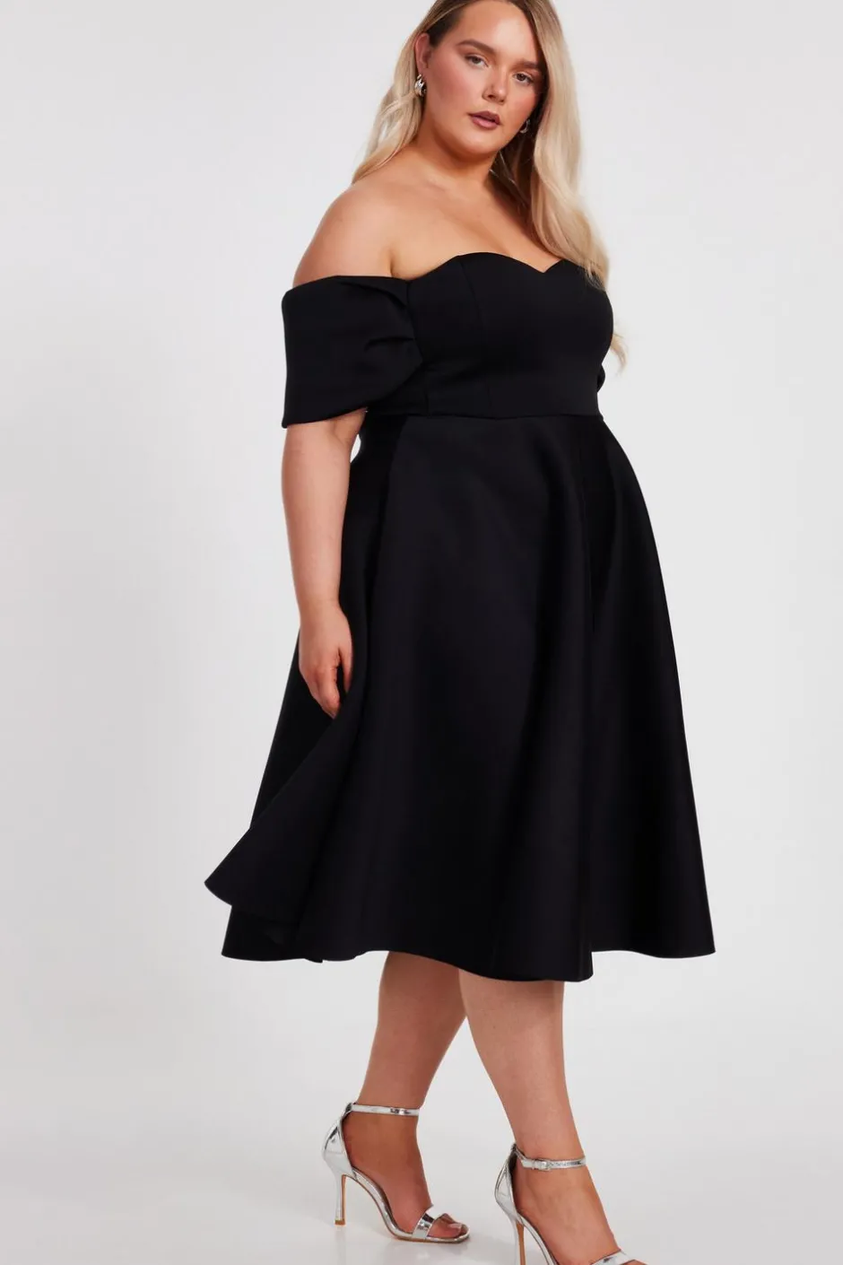 Quiz Curve Black Bardot Midi Skater Dress New