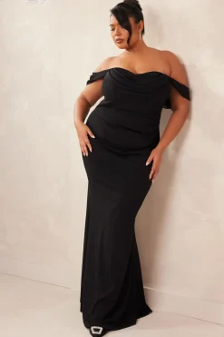 Quiz Curve Chiffon Bardot Maxi Dress Black Clearance