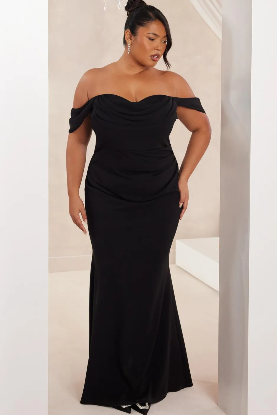 Quiz Curve Chiffon Bardot Maxi Dress Black Clearance