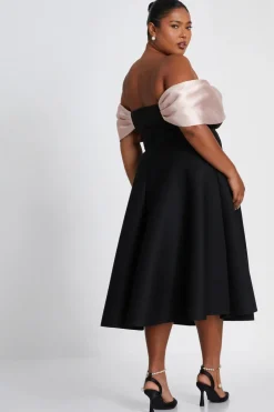 Quiz Curve Black Contrast Bardot Skater Midi Dress New