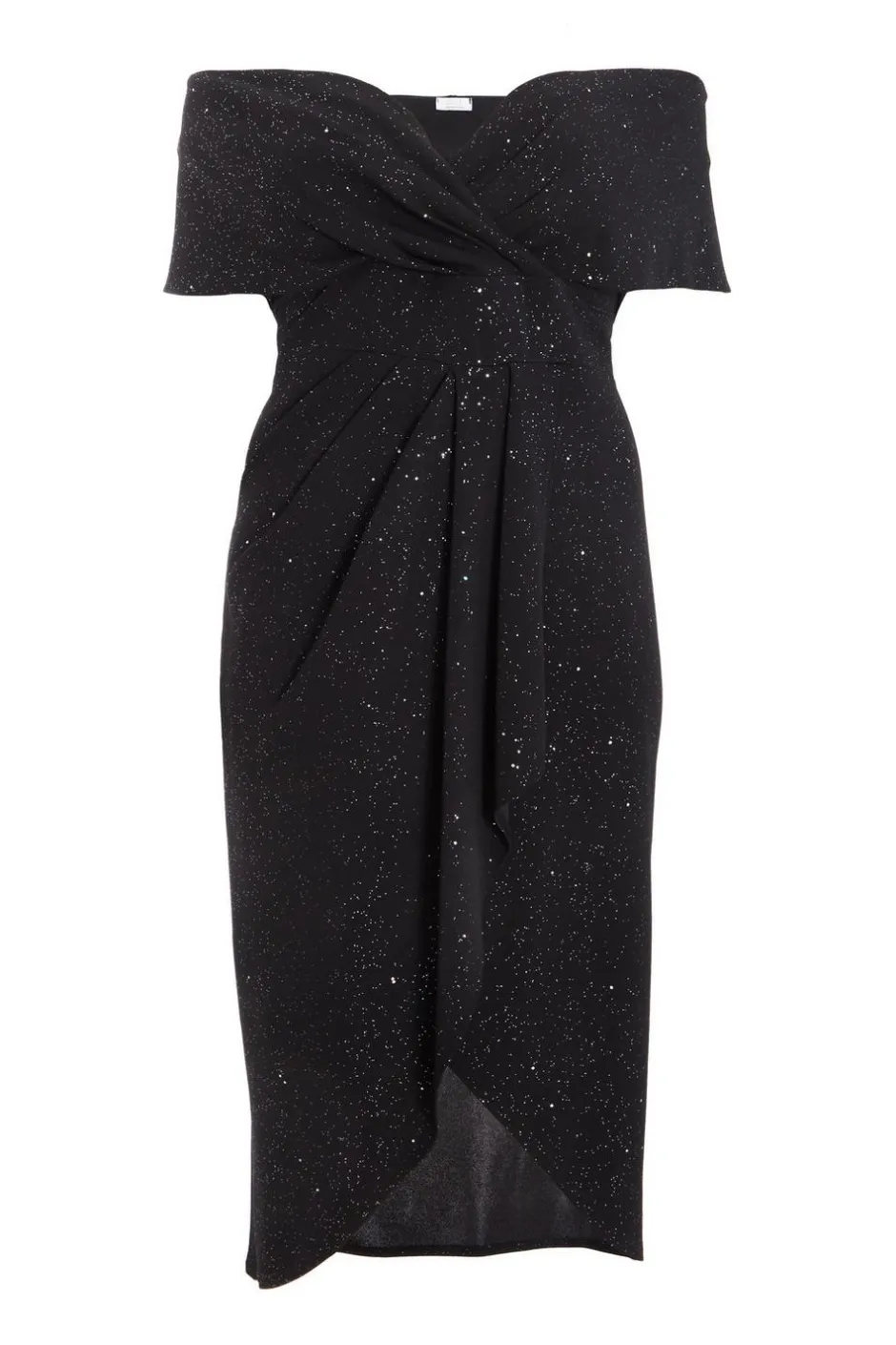 Quiz Curve Black Glitter Bardot Midi Dress Clearance