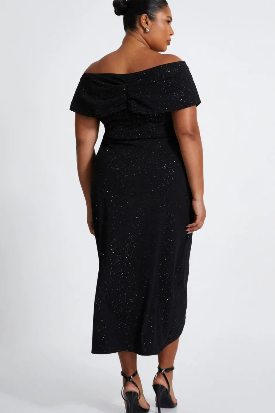 Quiz Curve Black Glitter Bardot Midi Dress Clearance