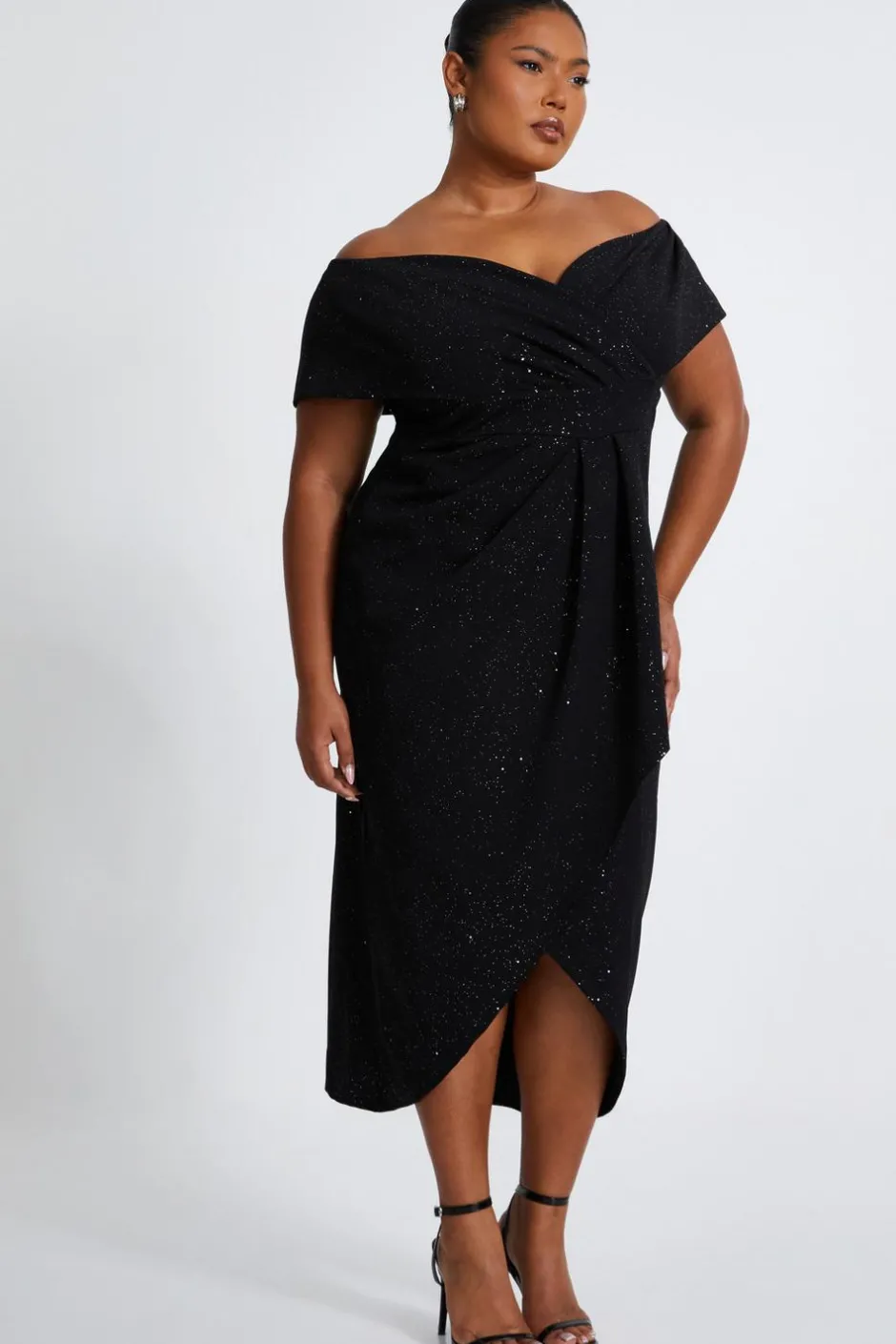 Quiz Curve Black Glitter Bardot Midi Dress Clearance