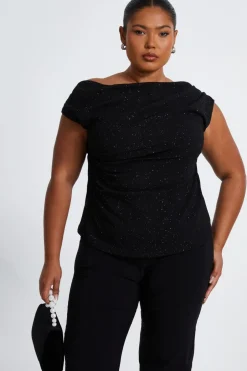 Quiz Curve Black Glitter Drape Neck Top Outlet