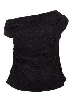 Quiz Curve Black Glitter Drape Neck Top Outlet