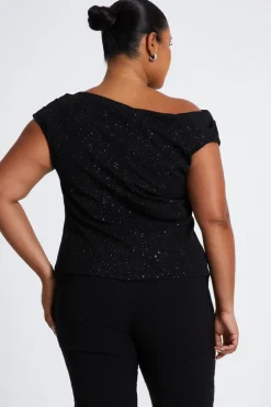 Quiz Curve Black Glitter Drape Neck Top Outlet