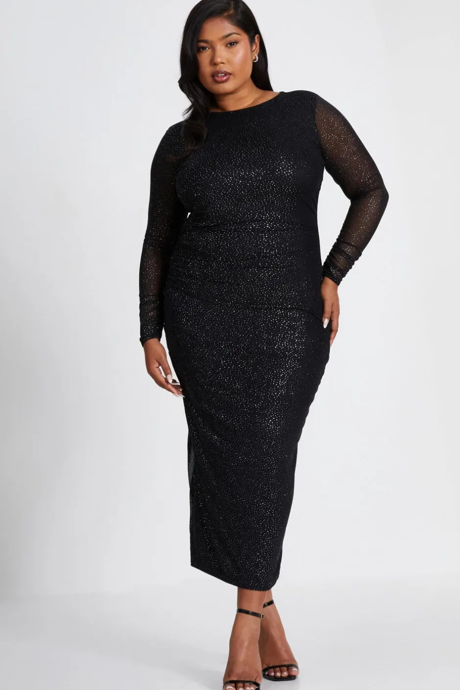Quiz Curve Glitter Mesh Midaxi Dress Black Clearance