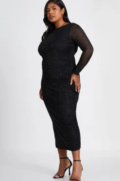 Quiz Curve Glitter Mesh Midaxi Dress Black Clearance